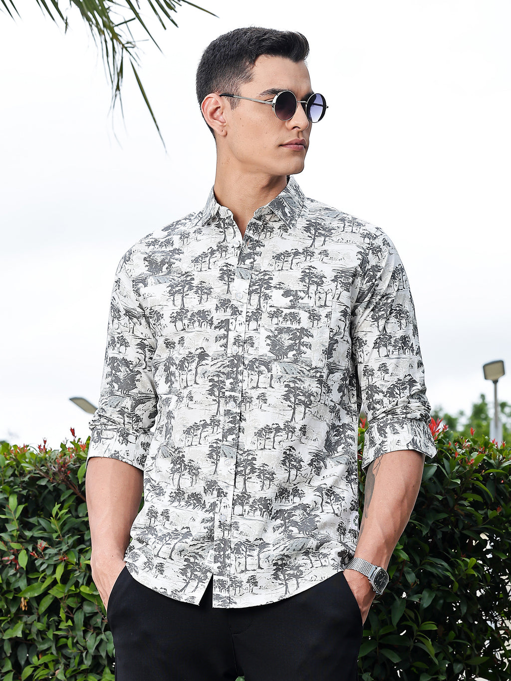 Thomas Scott Men Grey Regular Fit Long Sleeves Floral Printed Pure Cotton Casual Shirt