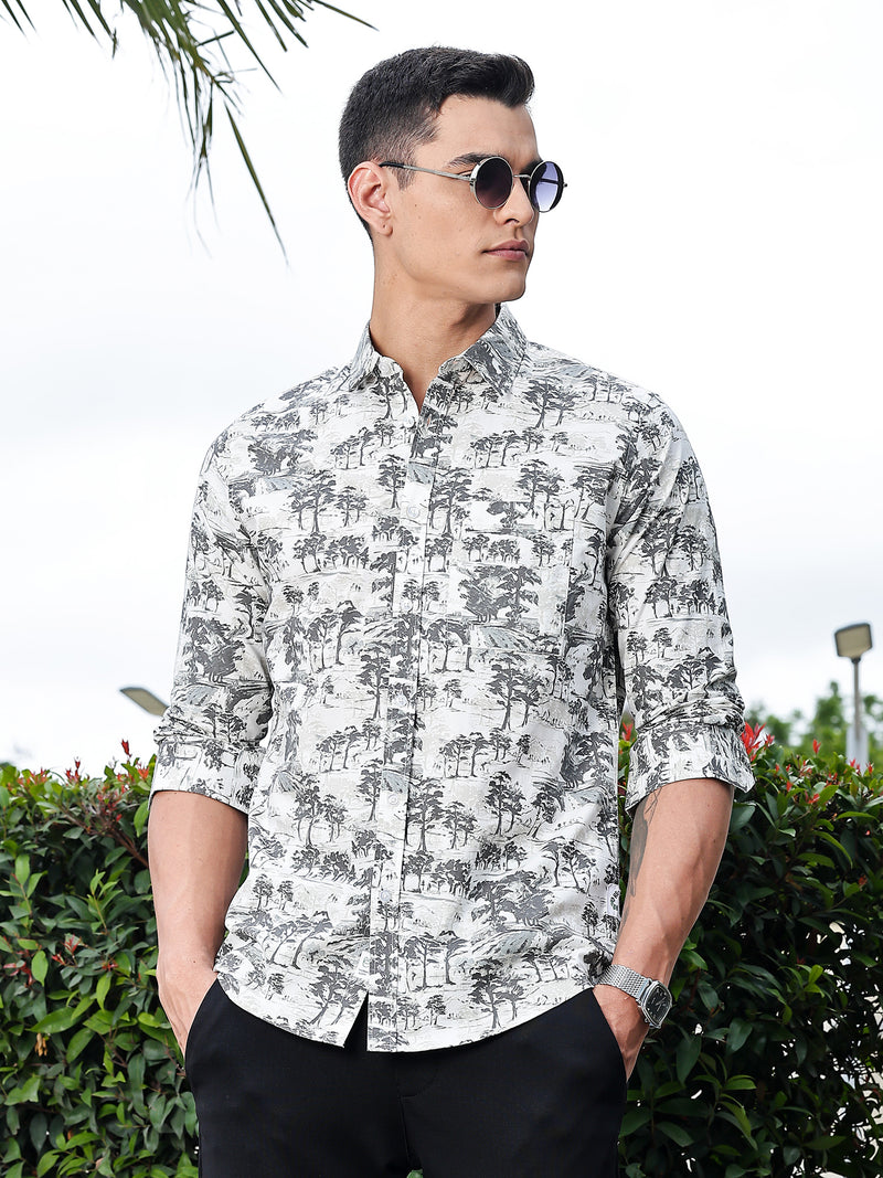 Thomas Scott Men Grey Regular Fit Long Sleeves Floral Printed Pure Cotton Casual Shirt
