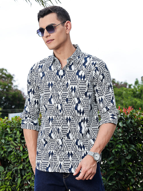 Thomas Scott Men Navy Blue Regular Fit Long Sleeves Geometric Print Pure Cotton Casual Shirt