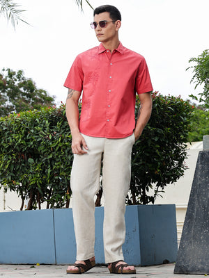 Thomas Scott Men Red Regular Fit Short Sleeves Spread Collar Embroidered Shirt