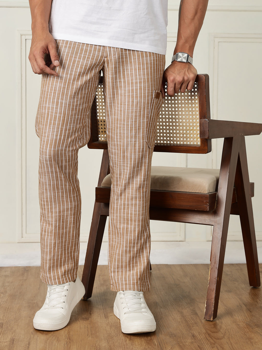 Thomas Scott Men Beige Mid-Rise Straight Fit Striped Linen Trouser