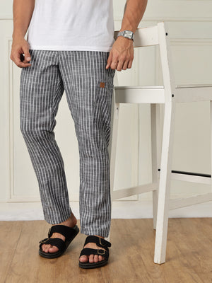 Thomas Scott Men Black Mid-Rise Straight Fit Striped Linen Trouser