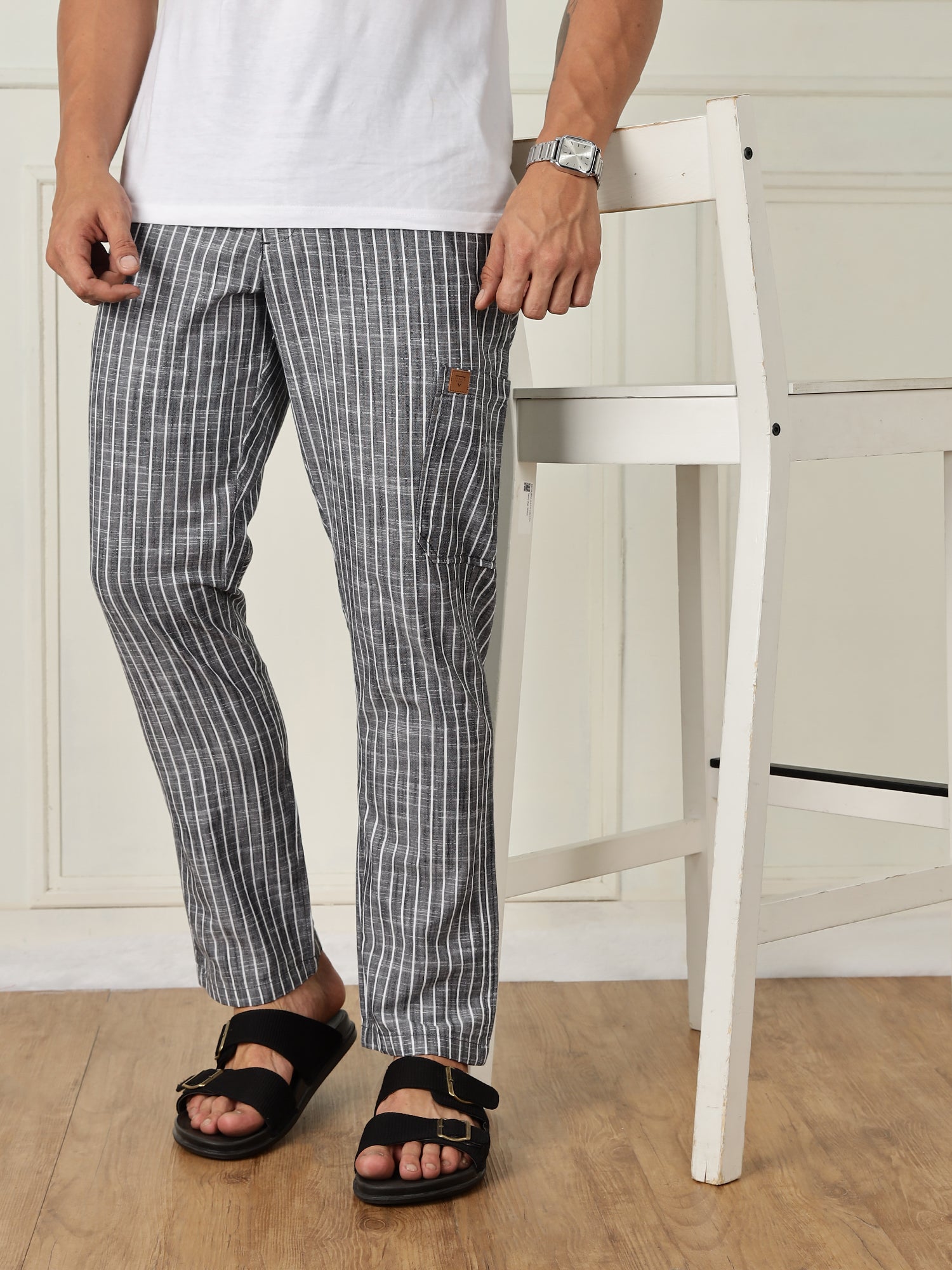 Thomas Scott Men Black Mid-Rise Straight Fit Striped Linen Trouser