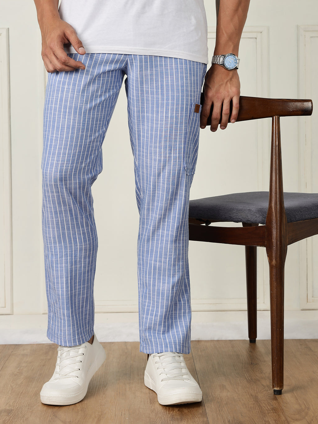 Thomas Scott Men Blue Mid-Rise Straight Fit Striped Linen Trouser