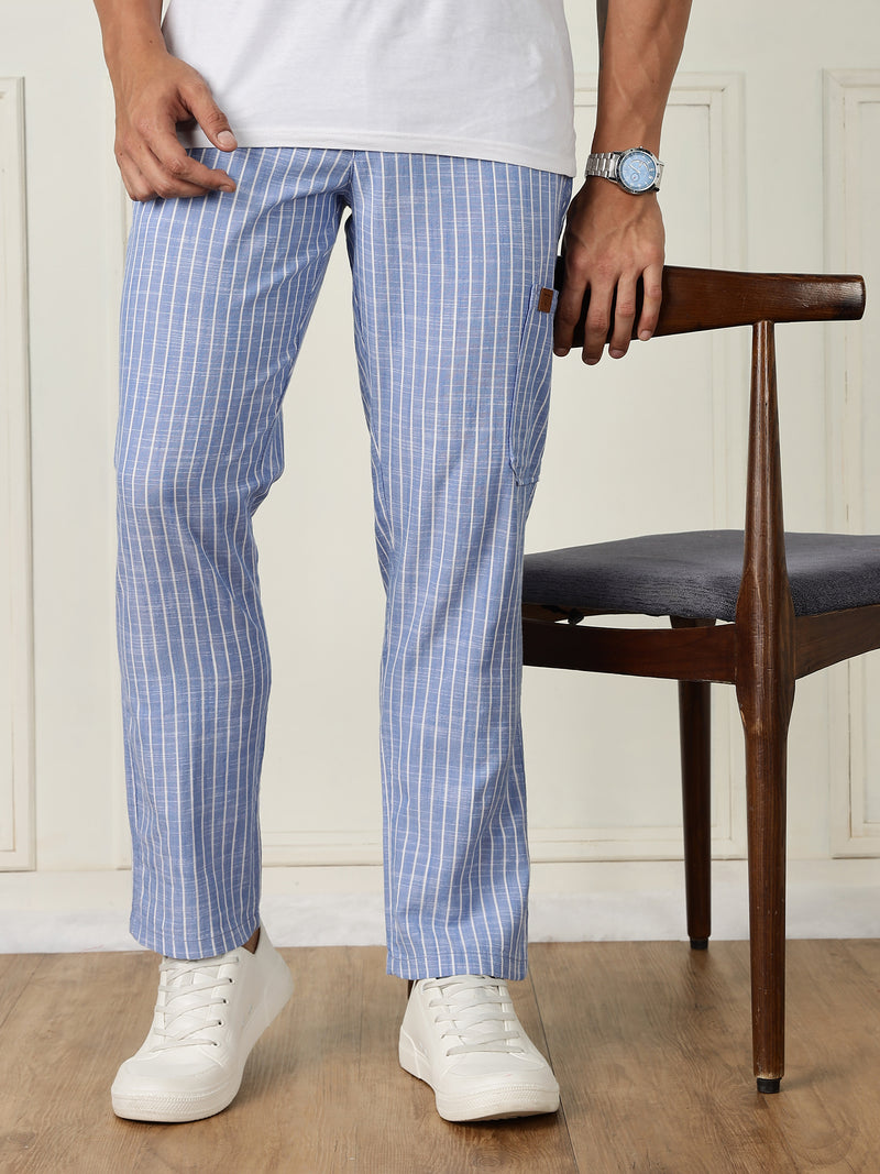 Thomas Scott Men Blue Mid-Rise Straight Fit Striped Linen Trouser