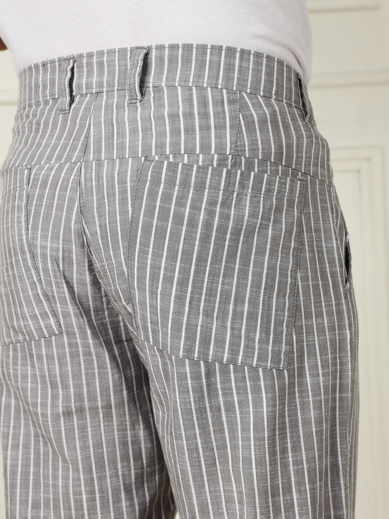 Thomas Scott Men Grey Mid-Rise Straight Fit Striped Linen Trouser
