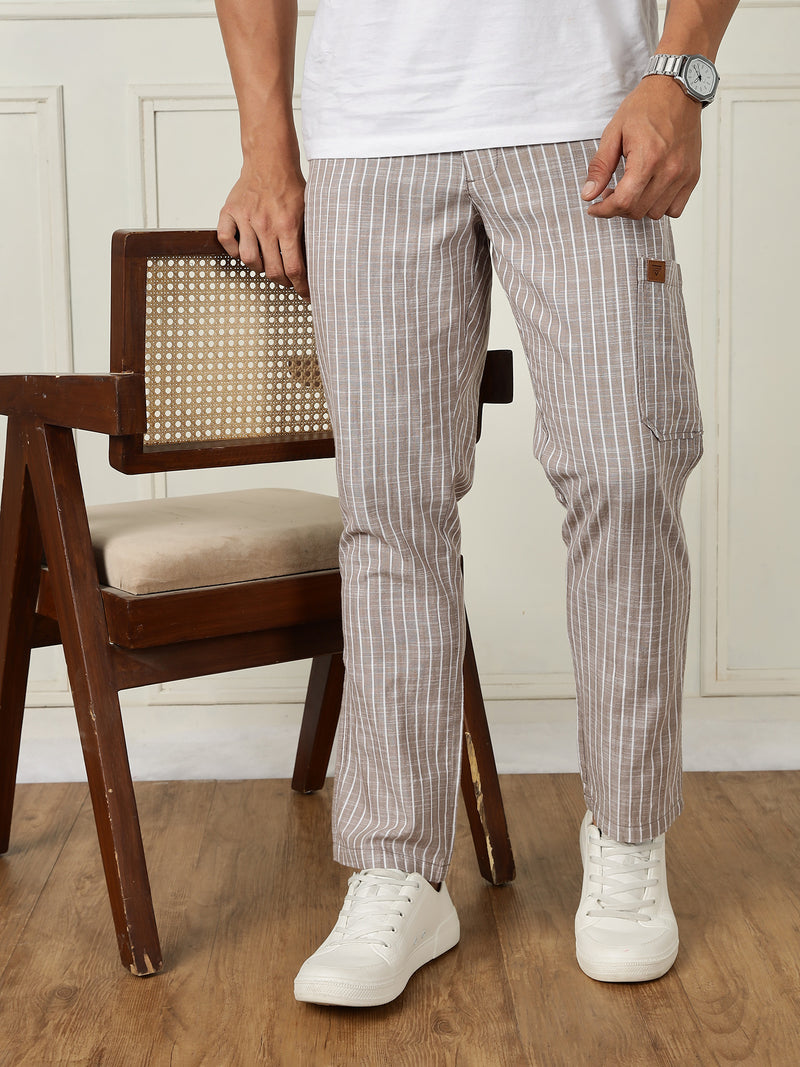 Thomas Scott Men Light Brown Mid-Rise Straight Fit Striped Linen Trouser