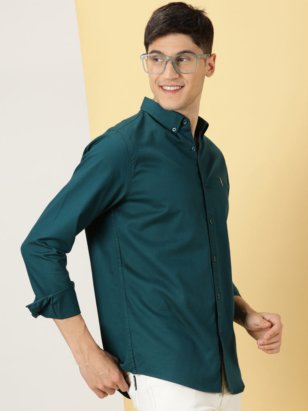 Thomas Scott Men Teal Slim Fit Long Sleeves Button Down Collar Twill Casual Shirt