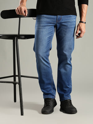 Indigo Mid-Rise Straight Fit Stretchable Jeans For Men