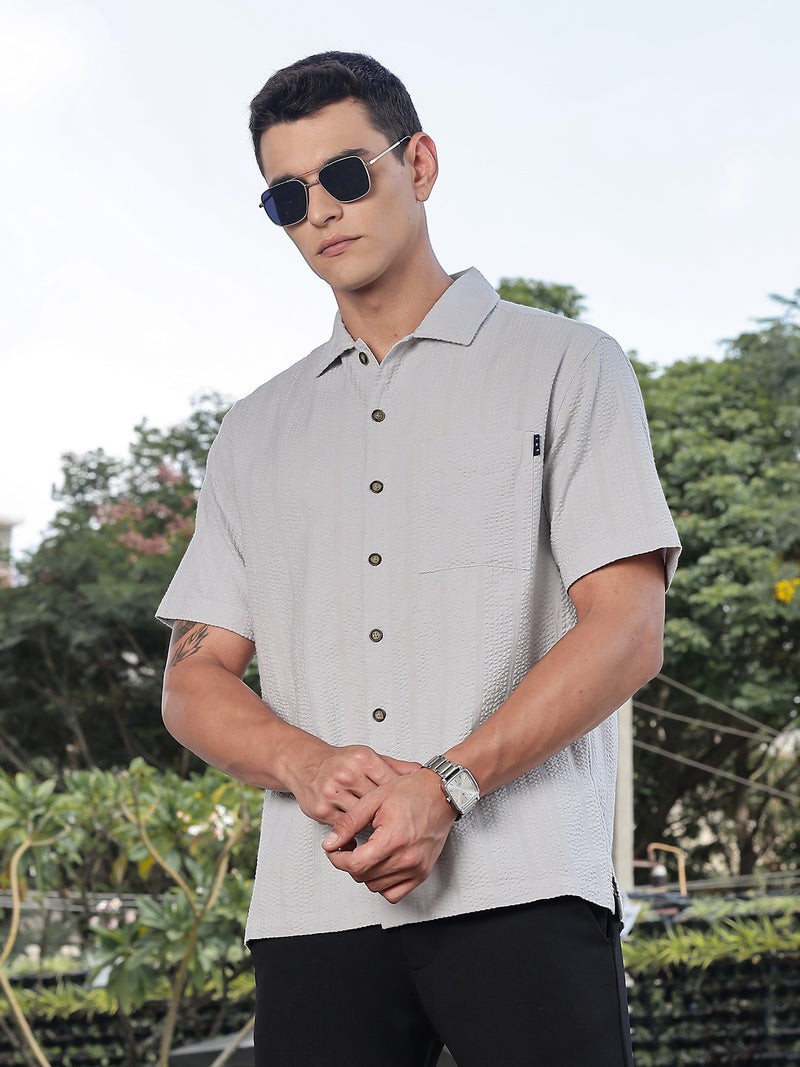 Thomas Scott Men Grey Slim Fit Short Sleeves Self Design Seersucker Shirt