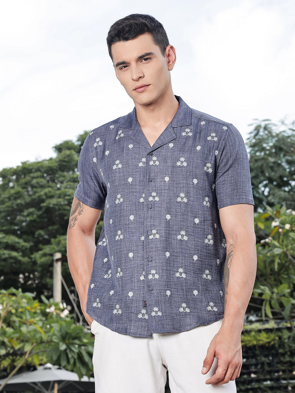 Thomas Scott Men Navy Regular Fit Short Sleeves Cuban Collar Embroidered Crop Shirt