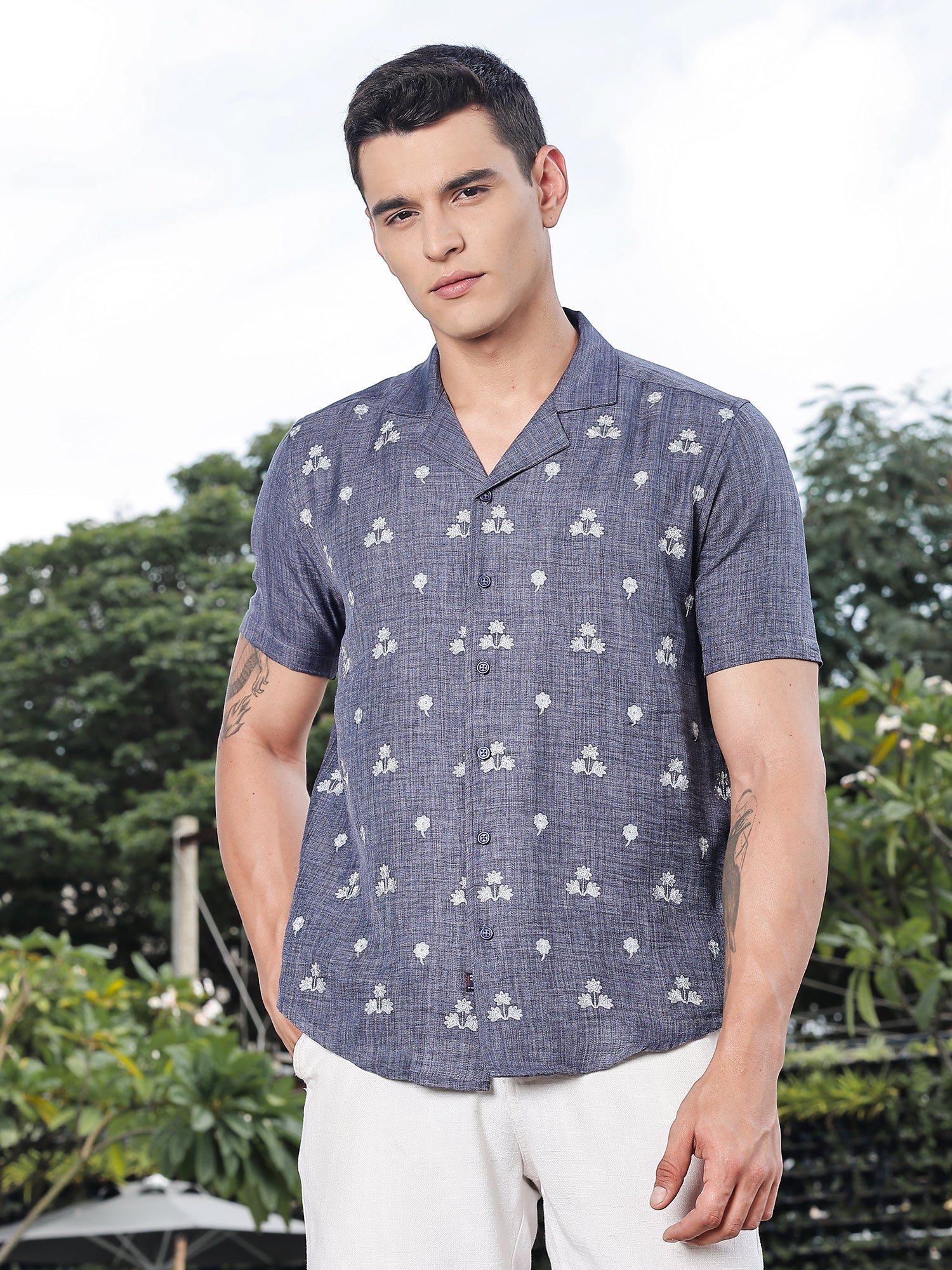Thomas Scott Men Navy Regular Fit Short Sleeves Cuban Collar Embroidered Crop Shirt