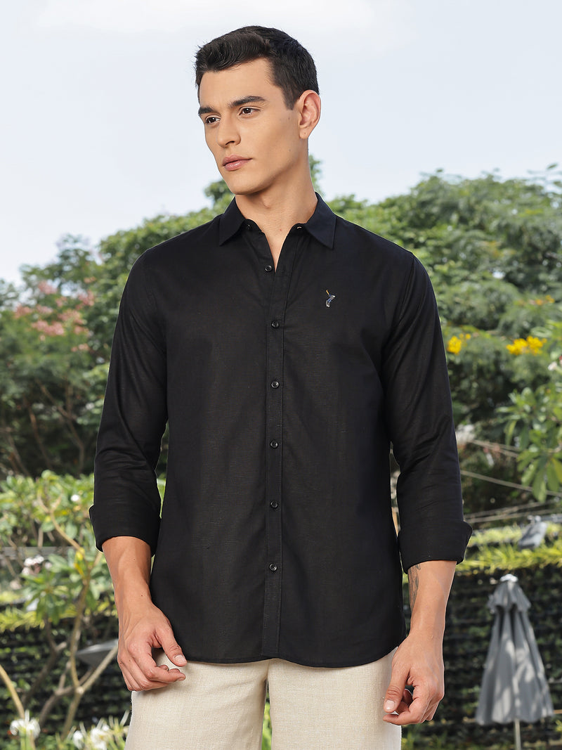 Thomas Scott Men Black Slim Fit Long Sleeves Spread Collar Linen Casual Shirt