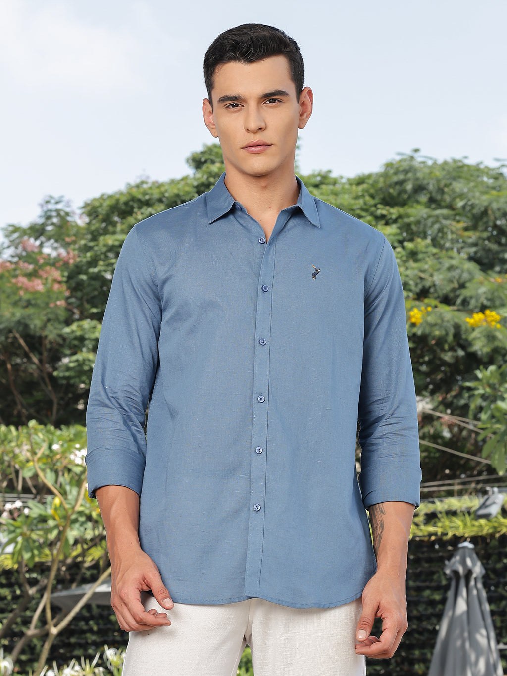 Thomas Scott Men Blue Slim Fit Long Sleeves Spread Collar Linen Casual Shirt