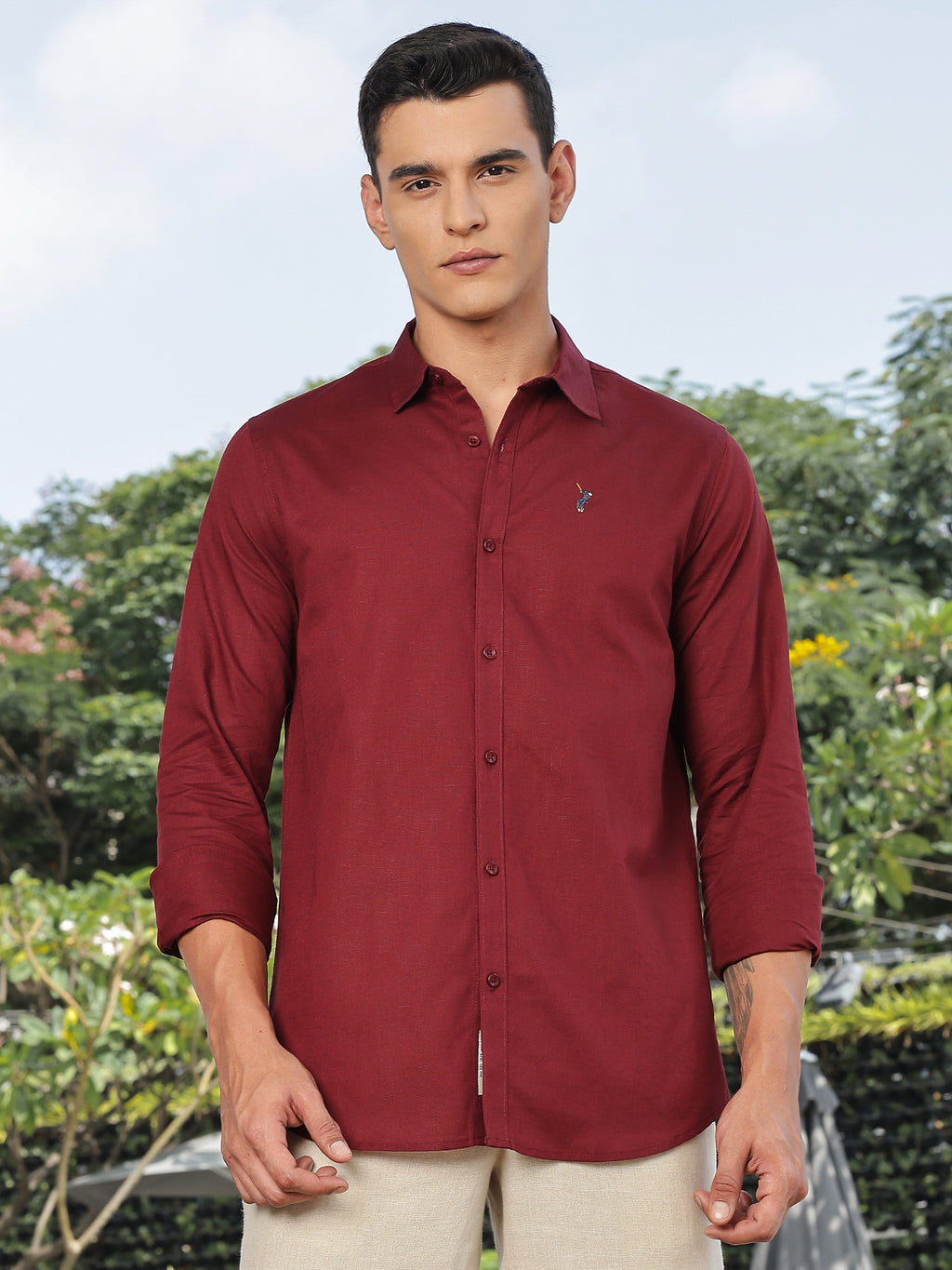 Thomas Scott Men Maroon Slim Fit Long Sleeves Spread Collar Linen Casual Shirt