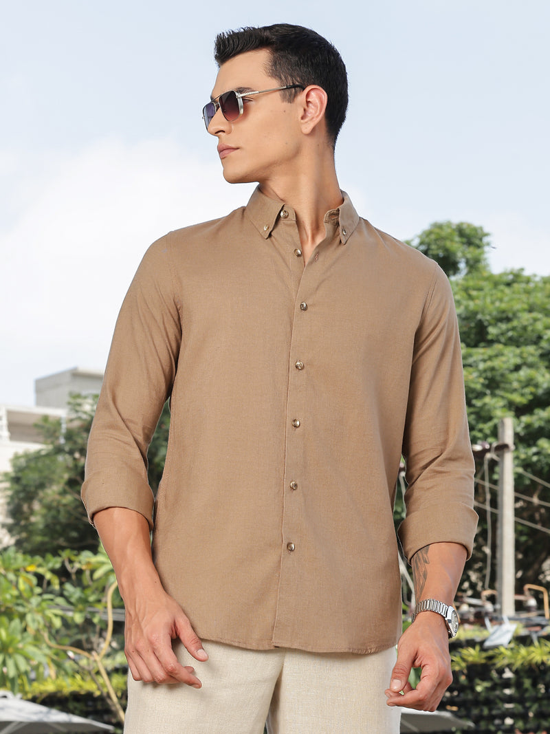 Thomas Scott Men Brown Slim Fit Long Sleeves Button-Down Collar Lyocel Linen Casual Shirt