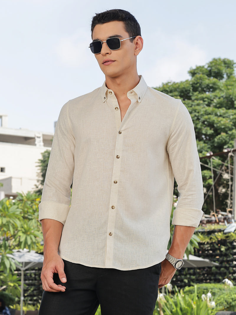 Thomas Scott Men Natural Slim Fit Long Sleeves Button-Down Collar Lyocel Linen Casual Shirt