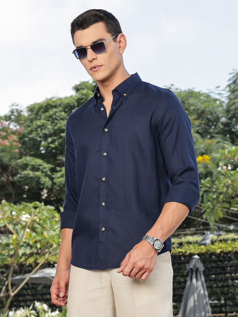 Thomas Scott Men Navy Slim Fit Long Sleeves Button-Down Collar Lyocel Linen Casual Shirt