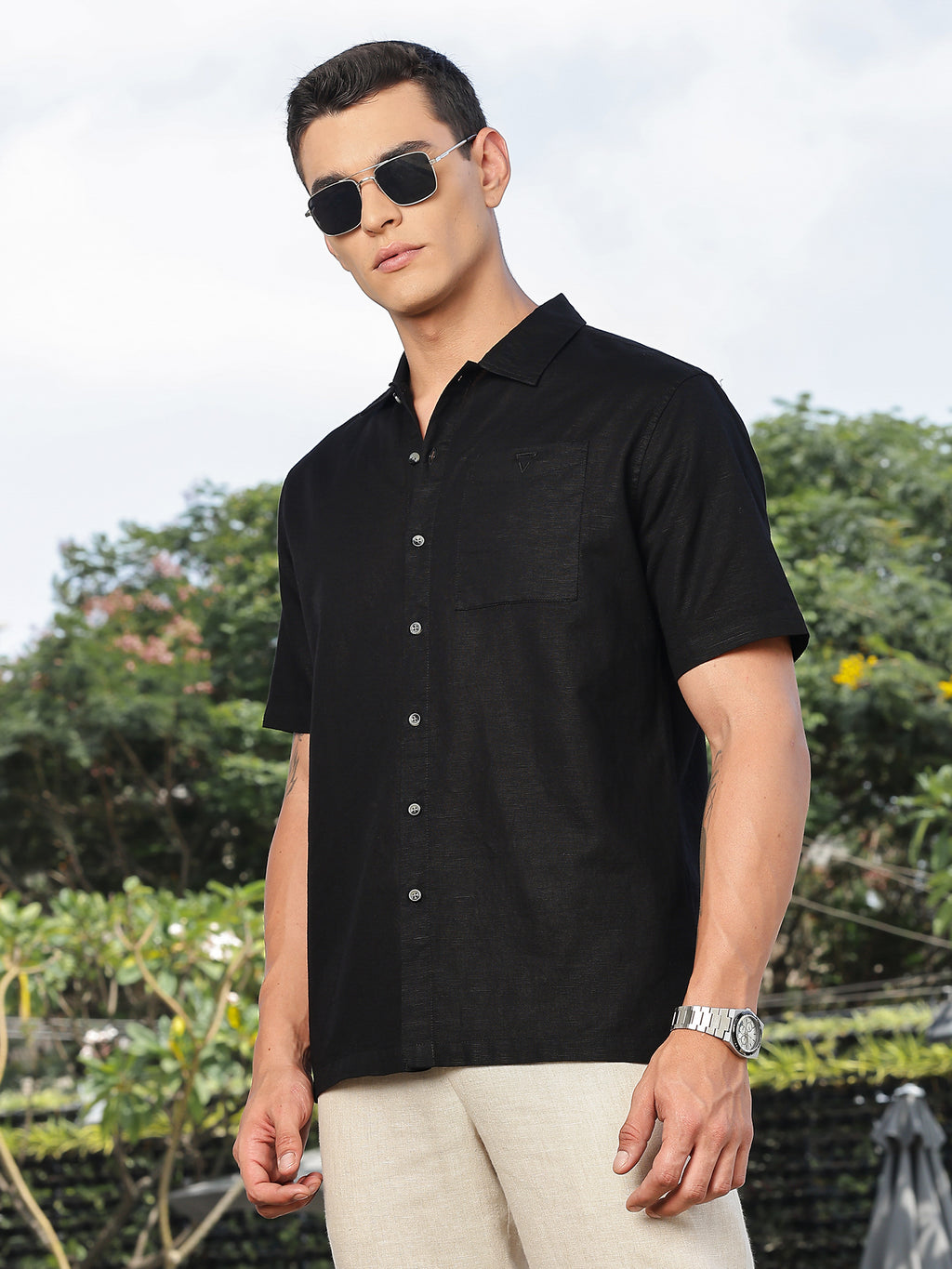 Thomas Scott Men Black Short Sleeves Oversized Cotton Linen Casual Shirt