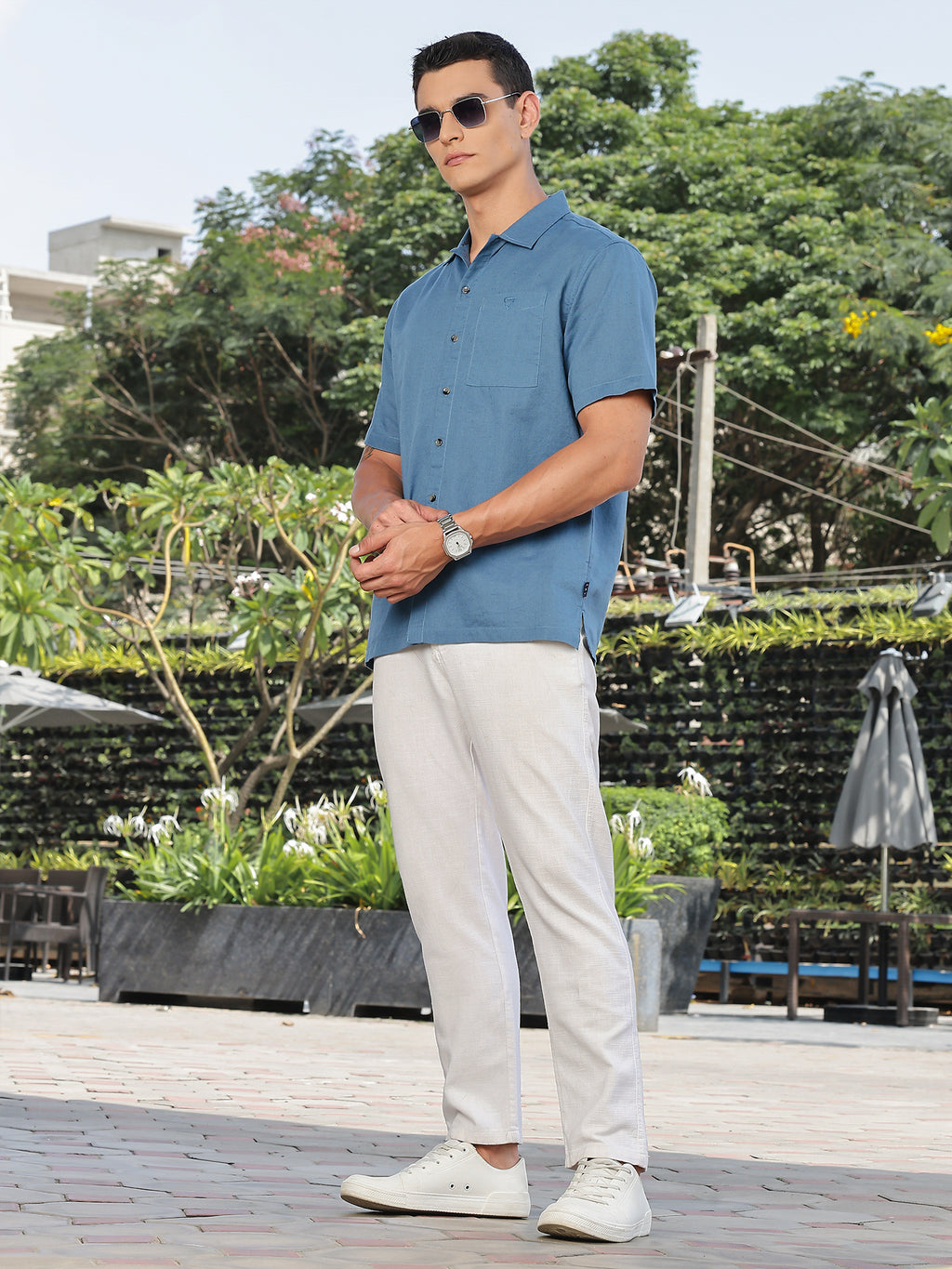 Thomas Scott Men Dark Blue Short Sleeves Oversized Cotton Linen Casual Shirt