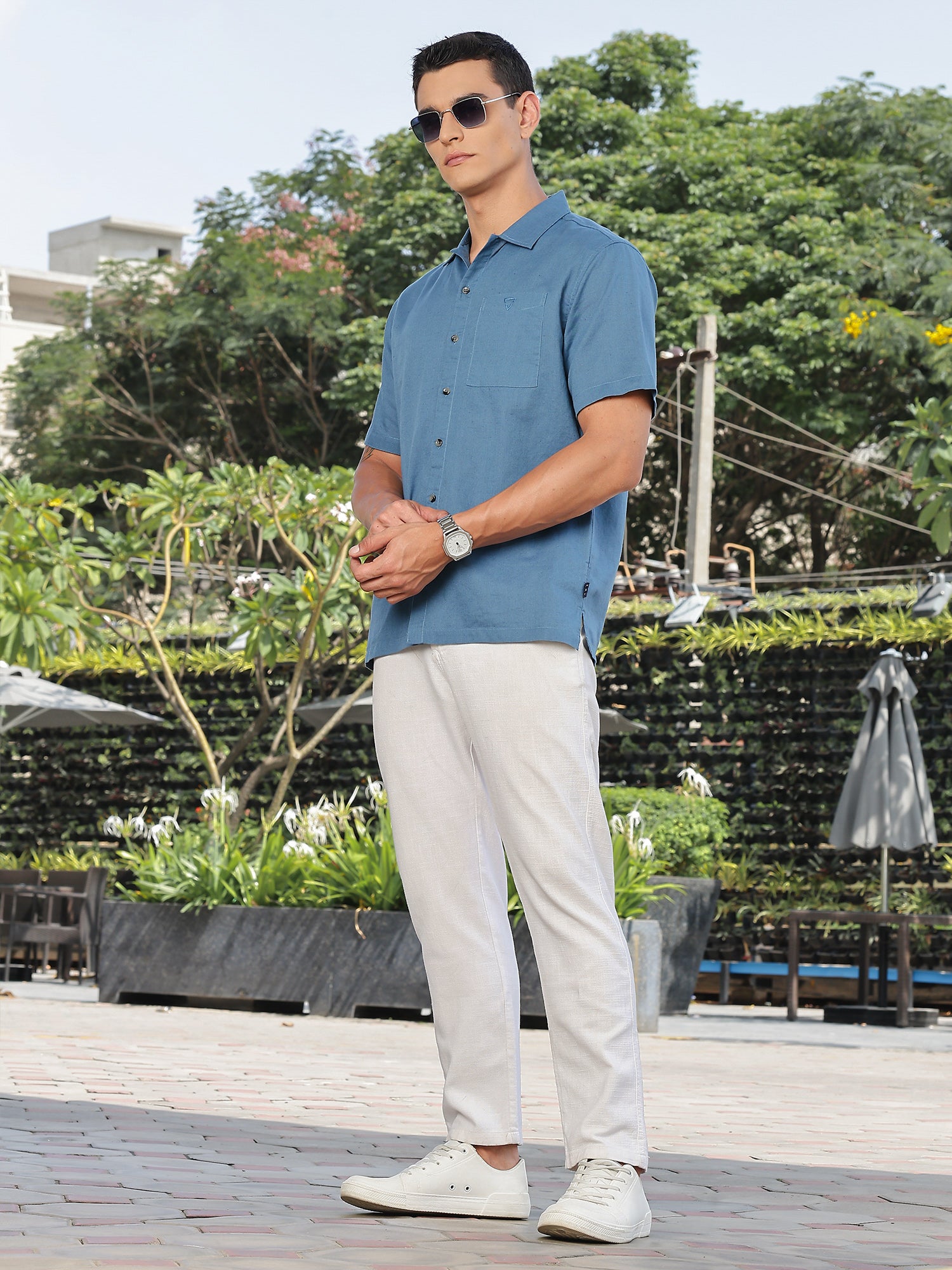 Thomas Scott Men Dark Blue Short Sleeves Oversized Cotton Linen Casual Shirt