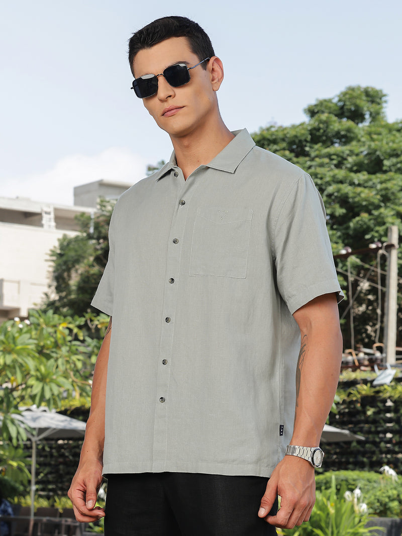 Thomas Scott Men Grey Short Sleeves Oversized Cotton Linen Casual Shirt