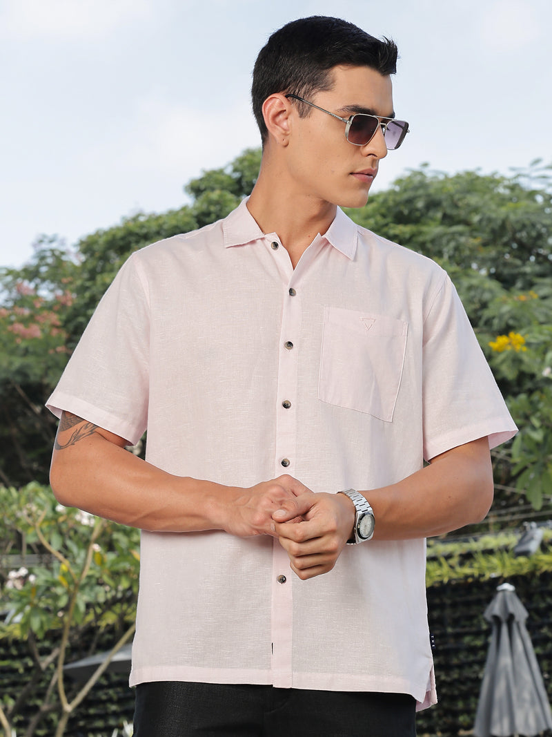 Thomas Scott Men Pink Short Sleeves Oversized Cotton Linen Casual Shirt