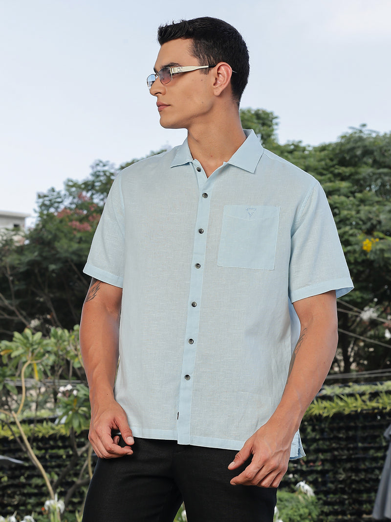 Thomas Scott Men Sky Blue Short Sleeves Oversized Cotton Linen Casual Shirt