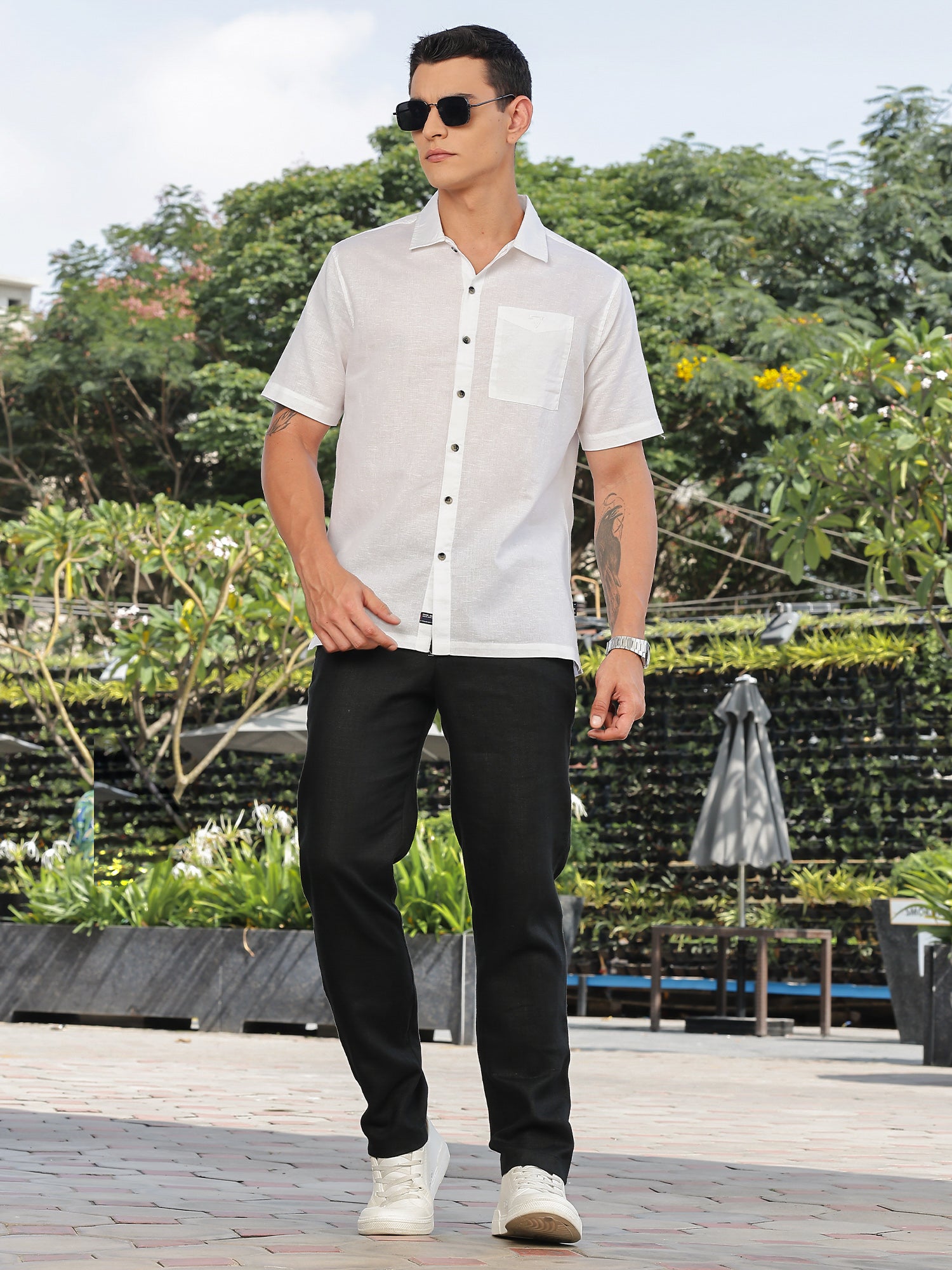 Thomas Scott Men White Short Sleeves Oversized Cotton Linen Casual Shirt