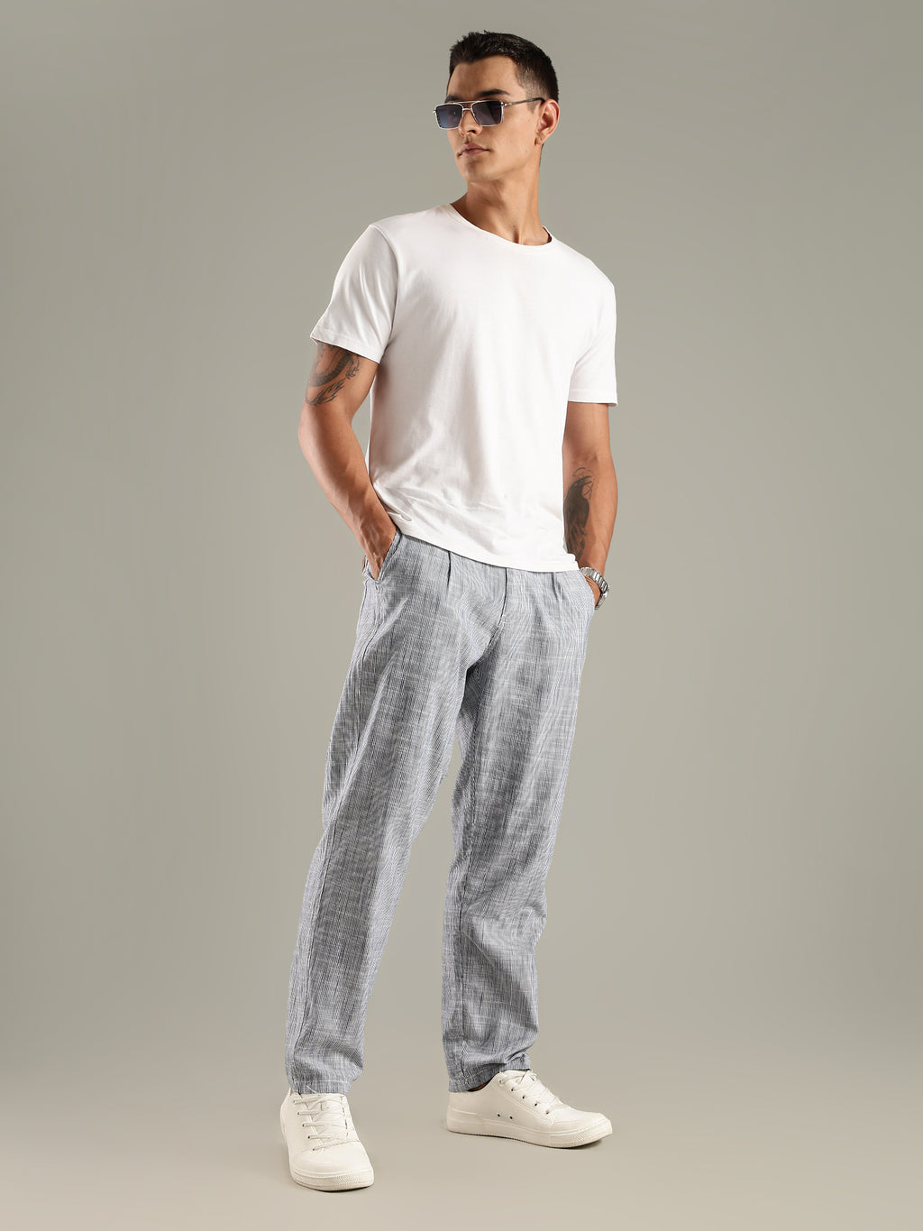 Thomas Scott Men Navy Straight Fit Mid-Rise Sriped Linen Trouser