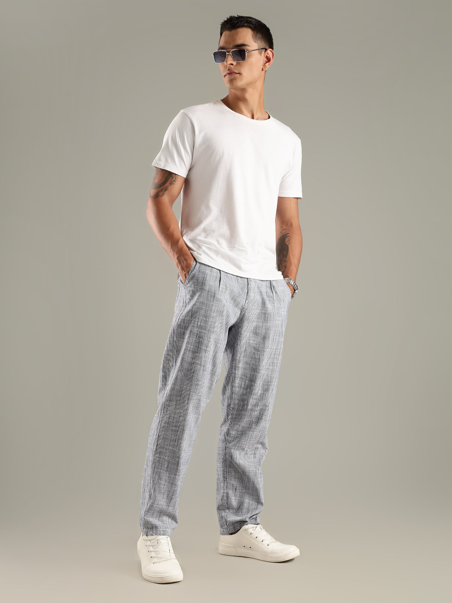 Thomas Scott Men Navy Straight Fit Mid-Rise Sriped Linen Trouser
