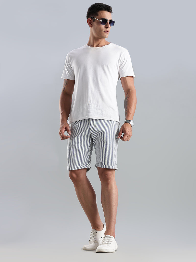Thomas Scott Men Blue Mid-Rise Regular Fit Striped Cotton Shorts