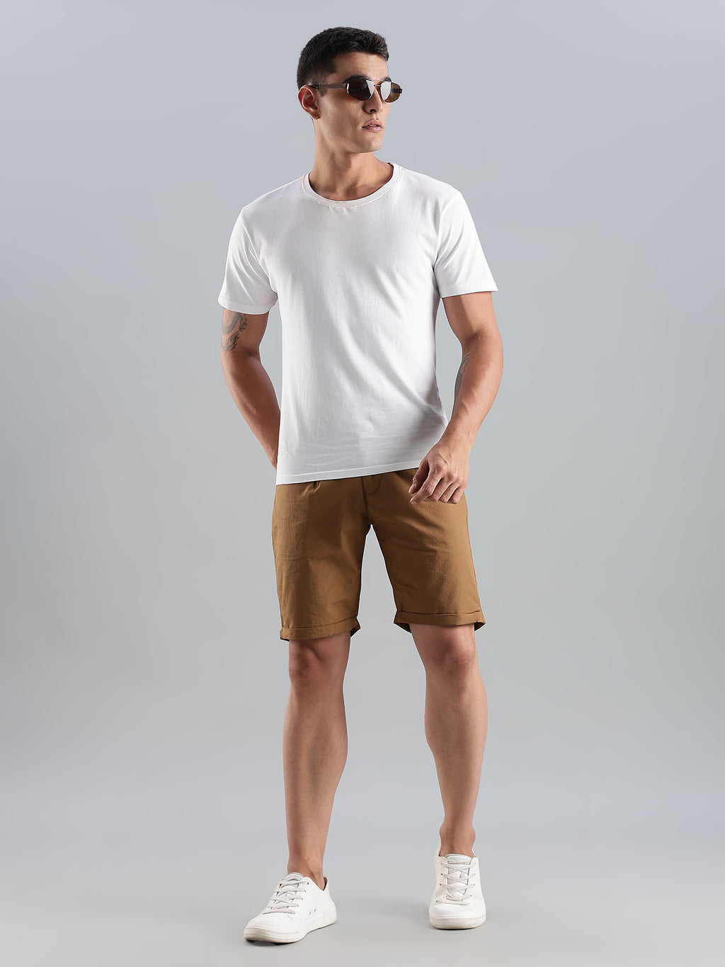 Thomas Scott Men Khaki Mid-Rise Regular Fit Solid Cotton Shorts