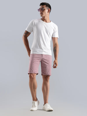 Thomas Scott Men Red Mid-Rise Regular Fit Gingham Checks Cotton Shorts