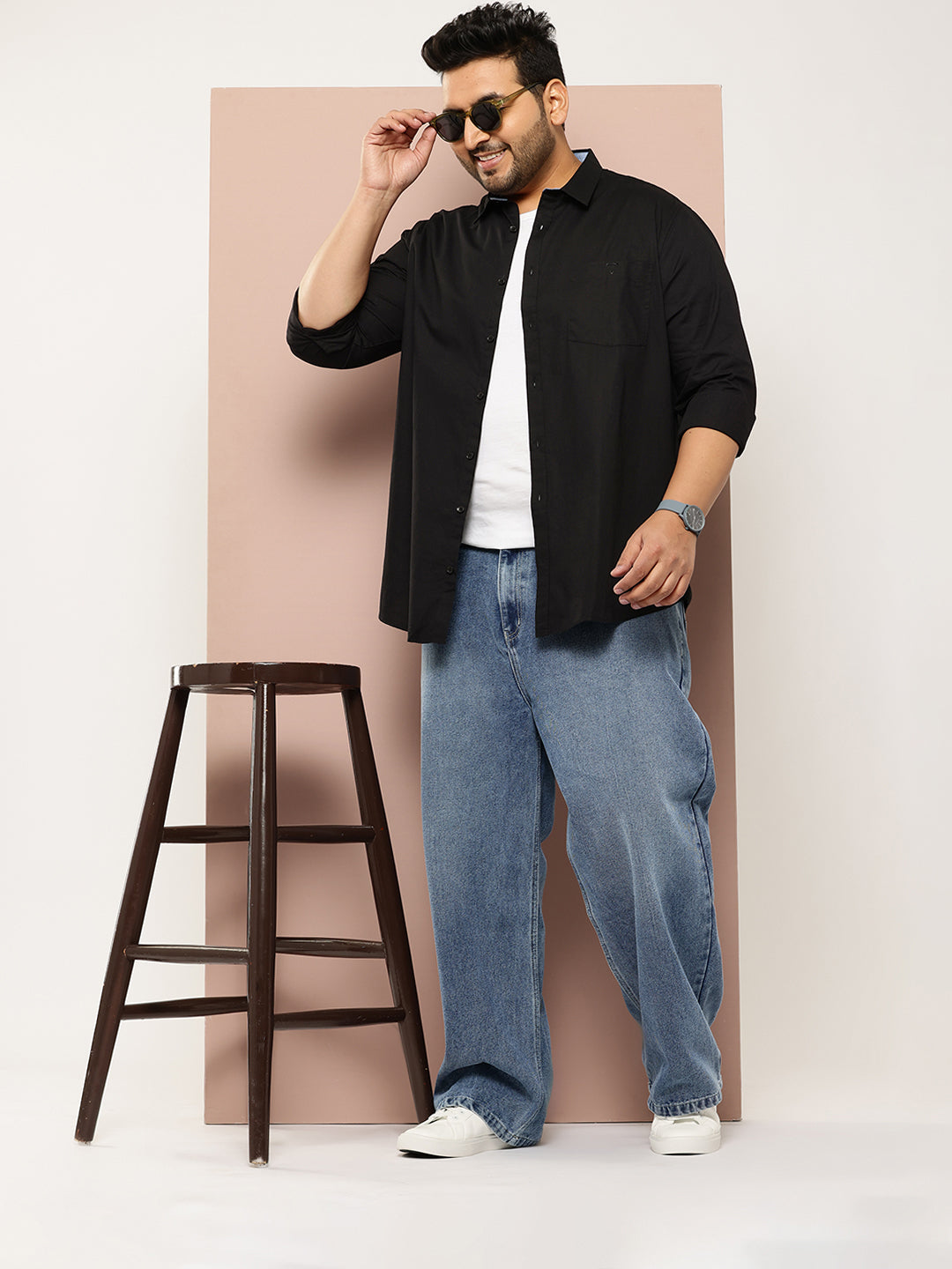 Thomas Scott Men Black Plus Size Regular Fit Long Sleeves Spread Collar Casual Shirt