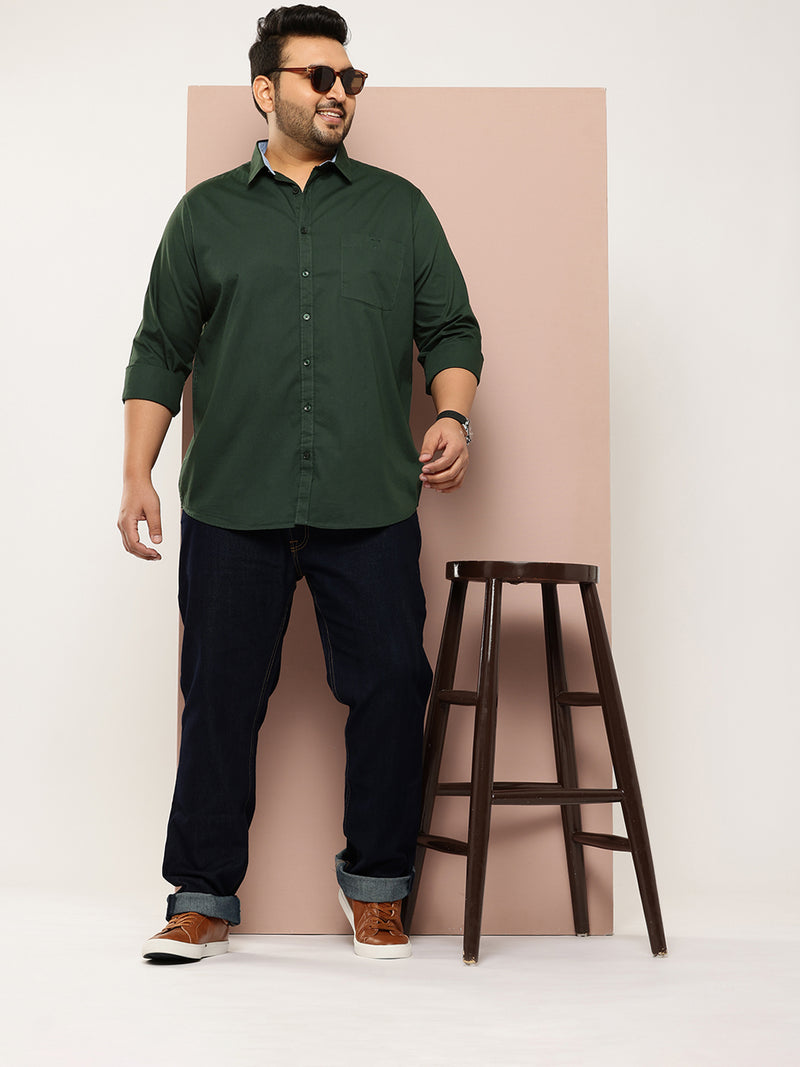 Thomas Scott Men Bottle Green Plus Size Regular Fit Long Sleeves Spread Collar Casual Shirt