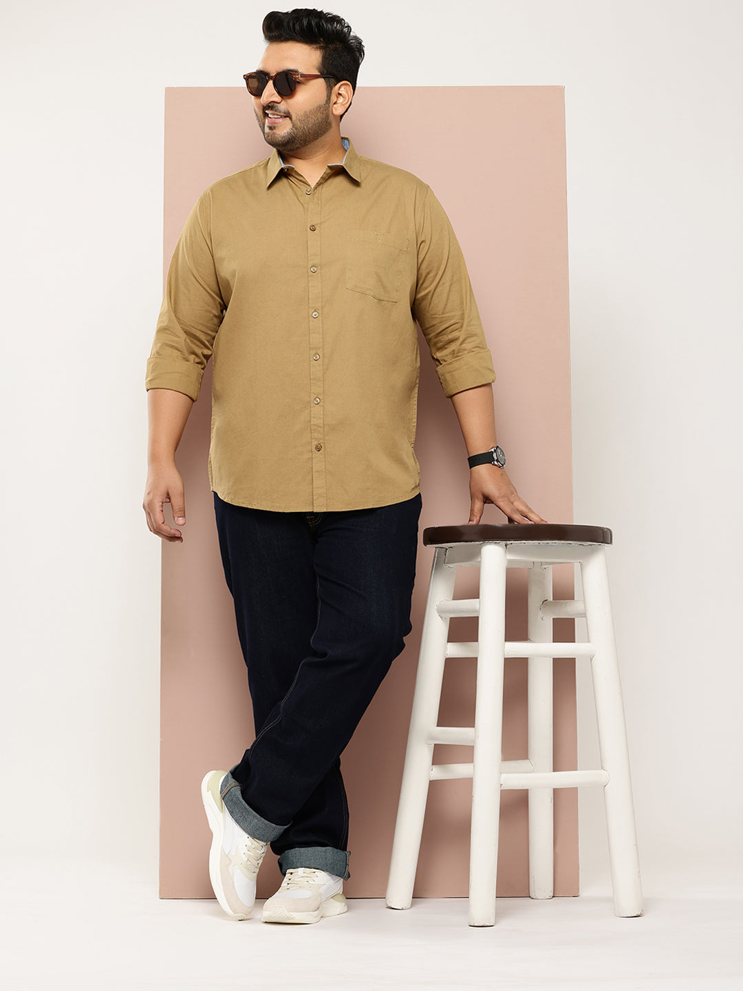 Thomas Scott Men Khaki Plus Size Regular Fit Long Sleeves Spread Collar Casual Shirt