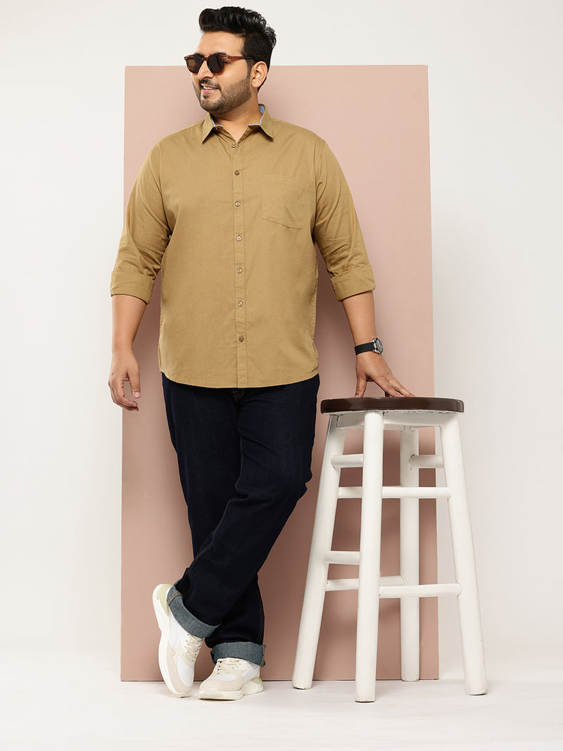 Thomas Scott Men Khaki Plus Size Regular Fit Long Sleeves Spread Collar Casual Shirt