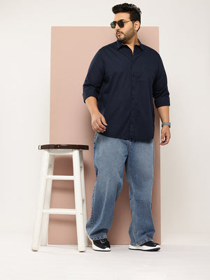 Navy Plus Size Regular Fit Long Sleeves Spread Collar Casual Shirt For Men
