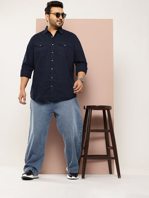 Navy Plus Size Regular Fit Long Sleeves Spread Collar Casual Shirt For Men