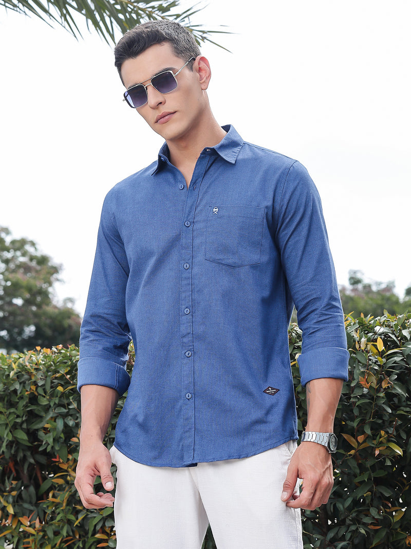 Thomas Scott Men Dark Blue Slim Fit Long Sleeves Spread Collar Solid Cotton Casual Shirt