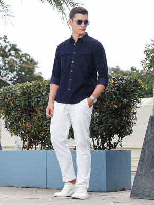Thomas Scott Men Navy Slim Fit Long Sleeves Corduroy Casual Shirt