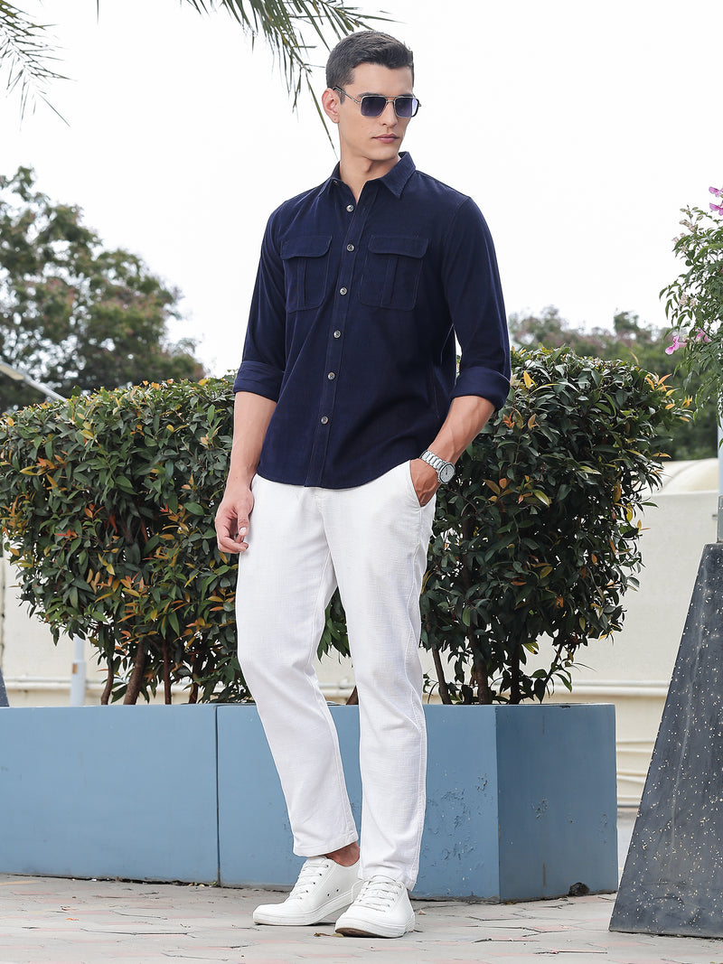 Thomas Scott Men Navy Slim Fit Long Sleeves Corduroy Casual Shirt