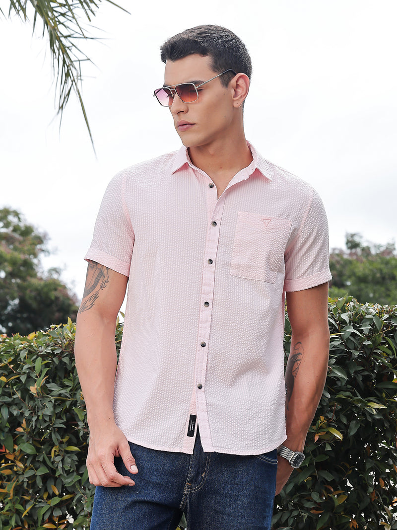 Thomas Scott Men Pink Slim Fit Short Sleeves Spread Collar Seer Sucker Casual Shirt