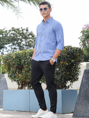 Thomas Scott Men Blue Slim Fit Long Sleeves Spread Collar Filafil Casual Shirt