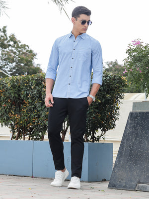 Thomas Scott Men Mid Blue Slim Fit Long Sleeves Spread Collar Filafil Casual Shirt
