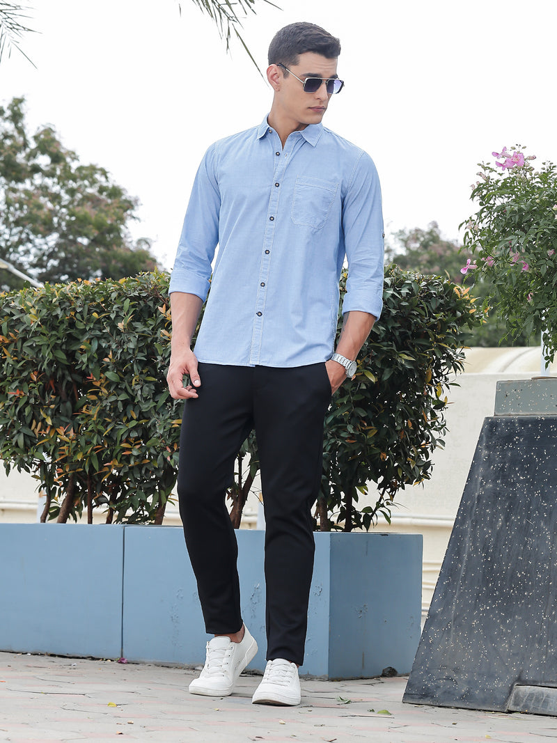 Thomas Scott Men Mid Blue Slim Fit Long Sleeves Spread Collar Filafil Casual Shirt