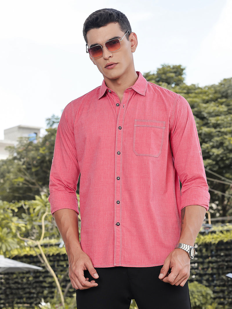 Thomas Scott Men Red Slim Fit Long Sleeves Spread Collar Filafil Casual Shirt