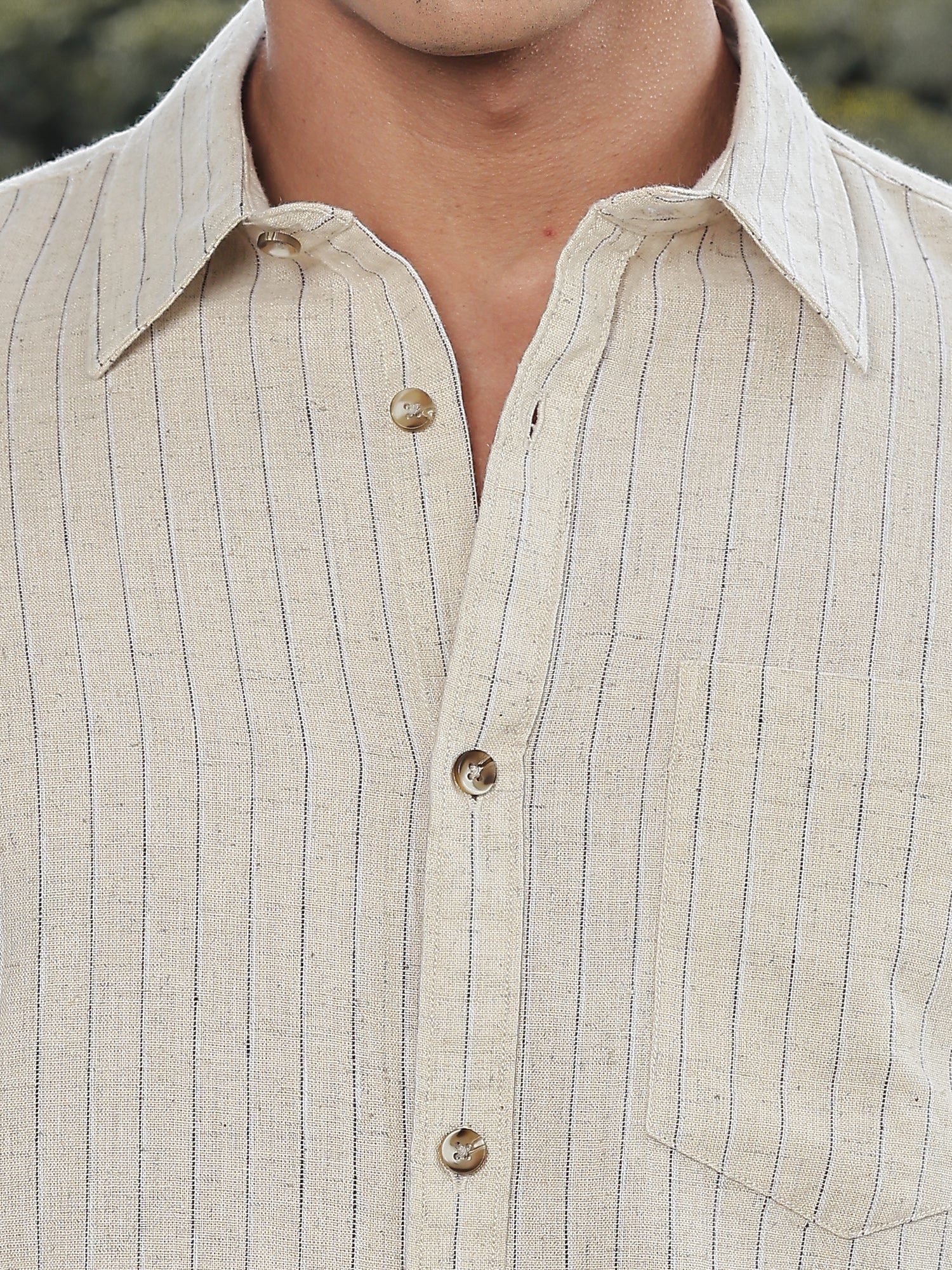 Thomas Scott Men Beige Slim Fit Long Sleeves Vertical Stripes Linen Casual Shirt