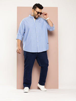 Blue Plus Size Regular Fit Long Sleeves Button-Down Collar Cotton Casual Shirt For Men
